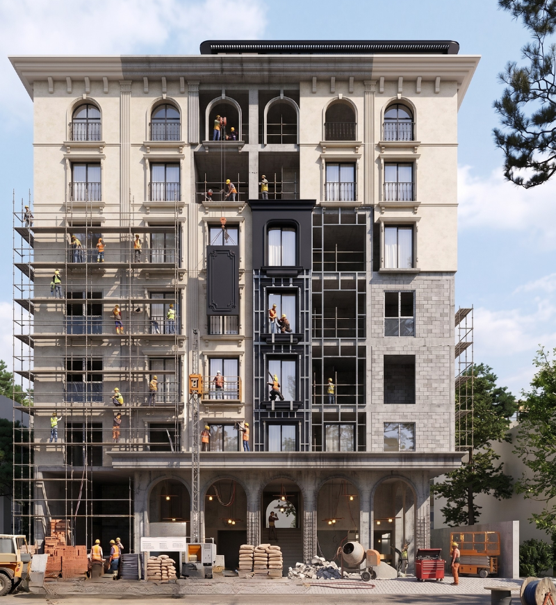 Hotel construction site with structural and finishing works in progress